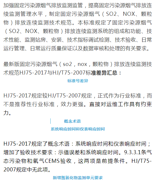煙氣(so2,nox,顆粒物)排放連續(xù)監(jiān)測(cè)技術(shù)規(guī)范 HJ75-2017與HJ/T75-2007標(biāo)準(zhǔn)究竟有何不同